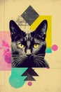 Contemporary art collage with cat, abstract organic shape and suculent