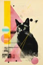 Contemporary art collage with cat, abstract organic shape and suculent