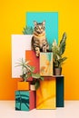 Contemporary art collage with cat, abstract organic shape and suculent