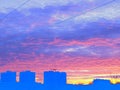 Contemporary art collage. City view against the sky with thick clouds at sunset in bright orange and blue tones. Concept landscape Royalty Free Stock Photo