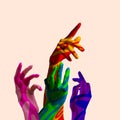 Contemporary art collage. Composition with multicolored human hands gesturing isolated on light background. Concept of Royalty Free Stock Photo