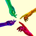 Contemporary art collage. Composition with multicolored human hands gesturing isolated on light background. Concept of Royalty Free Stock Photo