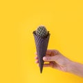 Contemporary art collage. Concept Cactus ice cream on bright yellow background. Minimal summer season banner, copy space, depilate Royalty Free Stock Photo