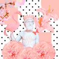 Contemporary art collage. Concept trendy greek statue on flowers bloom background.