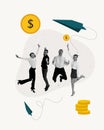 Contemporary art collage. Conceptual design. Employees, workers jumping, celebrating professional success. Profitable Royalty Free Stock Photo