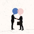 Contemporary art collage. Conceptual image. Two businessmen with transparent speech bubble head shaking hands. Business Royalty Free Stock Photo