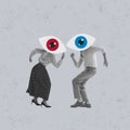 Contemporary art collage. Conceptual image. Two people, man and woman with giant eyes heads dancing. Blindly following