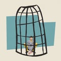 Contemporary art collage. Conceptual image. Young stylish boy sitting in bird cage symbolizing mental pressure and