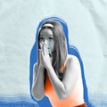 Contemporary art collage. Conceptual image. Young woman feeling sadness. Concept of retro style design, inner world