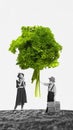 Contemporary art collage with couple in retro clothes, little girl and boy giving parsley instead of flowers over black Royalty Free Stock Photo