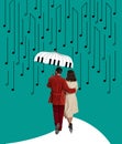 Contemporary art collage with couple walking under rain of music notes isolated over blue background. Concept of ideas Royalty Free Stock Photo