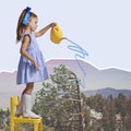 Contemporary art collage. Creative abstract design. Cute little girl standing on chair and watering trees over mountain