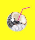 Contemporary art collage. Creative colorful design with coconut disco ball isolated on yellow background. Party