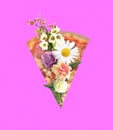 Contemporary art collage. Creative colorful design with pizza slice and flowers isolated on pink background