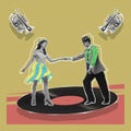 Contemporary art collage. Creative design. Beautiful couple dancing tango at vinyl record. Dance club Royalty Free Stock Photo