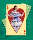 Contemporary art collage. Creative design. Beautiful woman in costume of medieval queen standing inside playing card