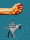 Contemporary art collage. Creative design. Beautiful young couple dancing under squeezing lemon isolated on blue Royalty Free Stock Photo