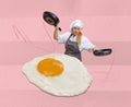 Contemporary art collage. Creative design. Emotional woman in image of chef, in white uniform cooking fried eggs with