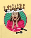 Contemporary art collage. Creative design. Excited, emotive young woman over yellow background. Chess, intellectual game