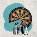 Contemporary art collage. Creative design. Group of young people playing he dart game. Aiming at the target