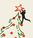 Contemporary art collage. Creative design. Man in a suit putting star on christmas tree. Preparation