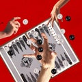 Contemporary art collage. Creative design. Popular game of backgammon. Online gambling games