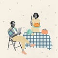 Contemporary art collage. Creative design in retro style. Beautiful woman with knife serving pie to her man, husband