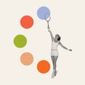 Contemporary art collage. Creative design in retro style. Sportive young girl playing badminton Royalty Free Stock Photo