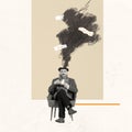 Contemporary art collage. Creative design in retro style. Stylish man in official suit sitting with coffee. Burning