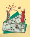 Contemporary art collage. Creative design. Senior ladies, women playing lotto, bingo