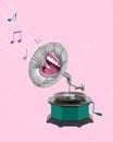 Contemporary art collage. Creative design. Vintage gramophone with female mouth inside singing, making lovely melody