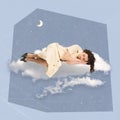 Contemporary art collage. Creative design. Woman in retro clothes calmly sleeping on fluffy cloud. Sweet dreams
