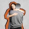 Contemporary art collage. Creative design. Young beautiful woman hugging silhouette of man, husband. Painful memories