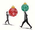 Contemporary art collage. Creative design. Young girl and man carrying Christmas tree decorations. Holiday preparation Royalty Free Stock Photo