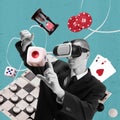 Contemporary art collage. Creative design. Young man, gamer in VR glasses playing different online games. Betting