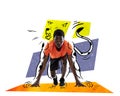 Contemporary art collage. Creative design. Young sportive man, running athlete training. Drawn tiger silhouette