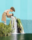 Contemporary art collage. Creative surrealist design with little boy, child pouring waterfall from bucket. Nature view Royalty Free Stock Photo