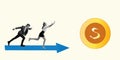 Contemporary art collage of employees running on arrow symbol to abstract goal as dollar sign, symbolizing new Royalty Free Stock Photo