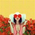 Contemporary art collage. Fashion flowers Girl. Bloom vacation summer mood