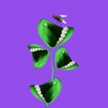 Contemporary art collage. Female green mouthes like a plant isolated over purple background