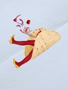 Contemporary art collage. Female legs in red tights and yellow heels sticking out delicious vegetable taco. Street food