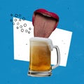 Contemporary art collage. Female mouth with sticking tongue out licking lager foamy beer isolated over blue background