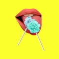 Contemporary art collage. Female sensual lips with floral lollipop isolated over yellow background