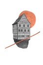 Contemporary art collage. Flying cozy house, building.