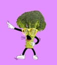 Contemporary art collage. Funny shouting broccoli isolated over purple background. Drawn vegetables in a cartoon style