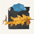 Contemporary art collage. Funny surreal design with young man in swimming cap sitting on tree branch with yellow leaves