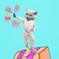 Contemporary art collage. Funny trendy zine design. Stylish kitty character and food delivery concept