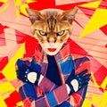 Contemporary art collage. Funny zine design. Cat and human metamorphosis. Retro style trends