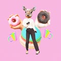 Contemporary art collage. Funny zine design. Cute Lama office manager and break time. But first coffee and donuts concept