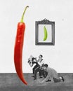 Contemporary art collage with group of people, photographers taking a photo of huge red chili pepper over black and